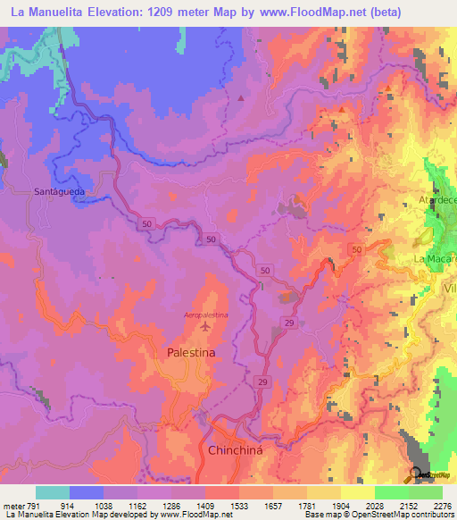 La Manuelita,Colombia Elevation Map