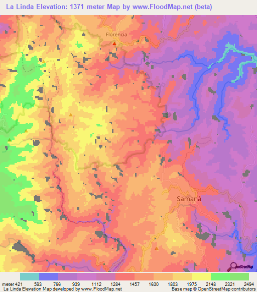 La Linda,Colombia Elevation Map