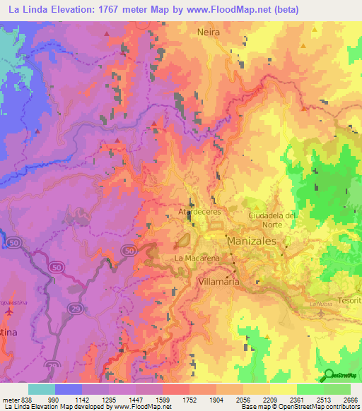 La Linda,Colombia Elevation Map