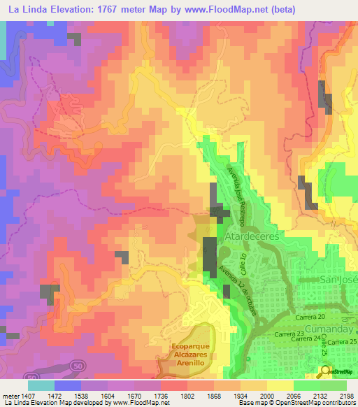 La Linda,Colombia Elevation Map