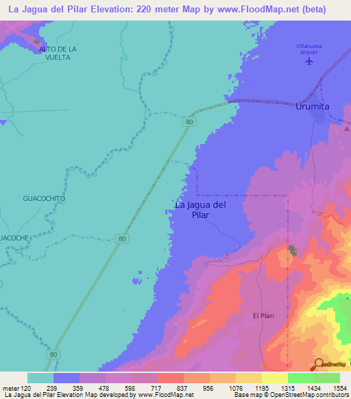 La Jagua del Pilar,Colombia Elevation Map