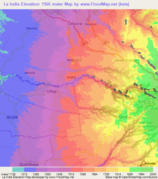 La India,Colombia Elevation Map