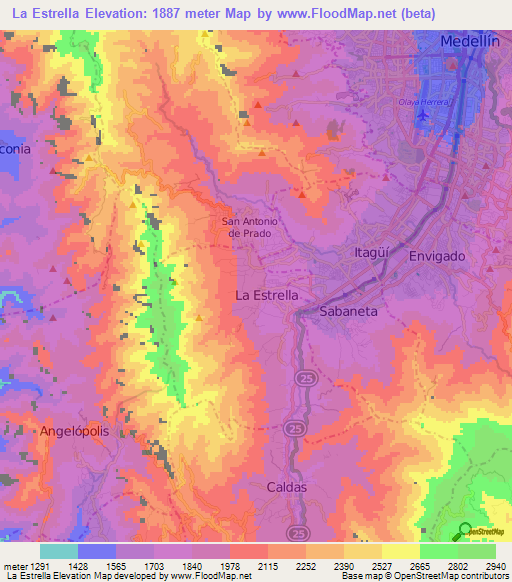 La Estrella,Colombia Elevation Map