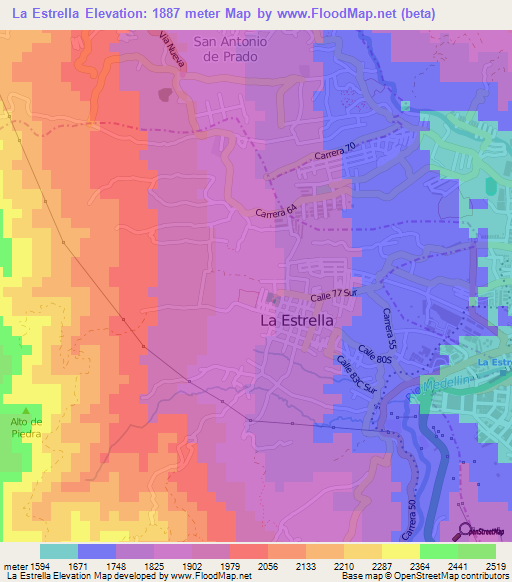 La Estrella,Colombia Elevation Map