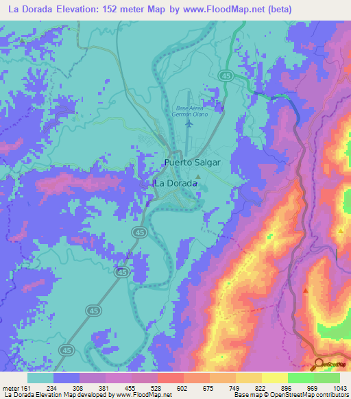 La Dorada,Colombia Elevation Map