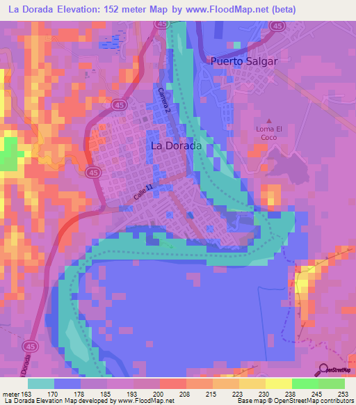 La Dorada,Colombia Elevation Map