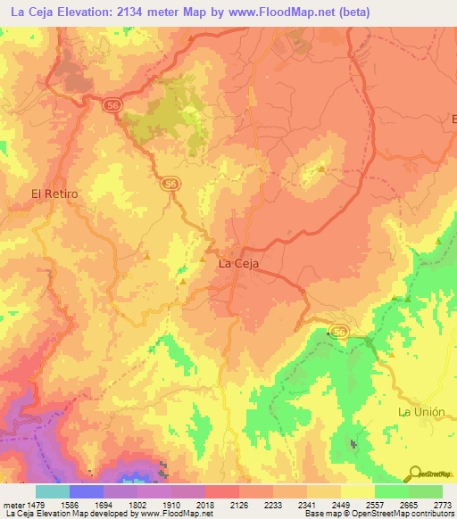 La Ceja,Colombia Elevation Map