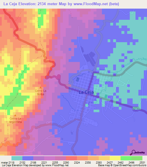 La Ceja,Colombia Elevation Map