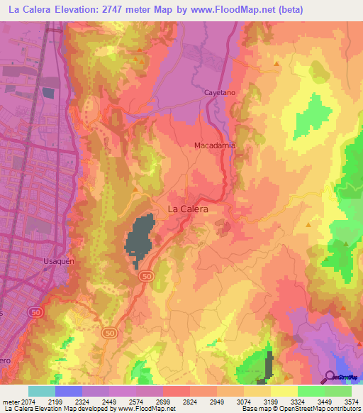 La Calera,Colombia Elevation Map