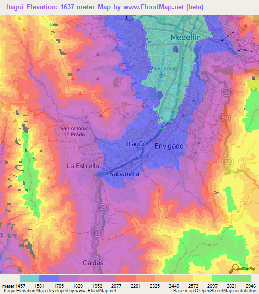 Itagui,Colombia Elevation Map