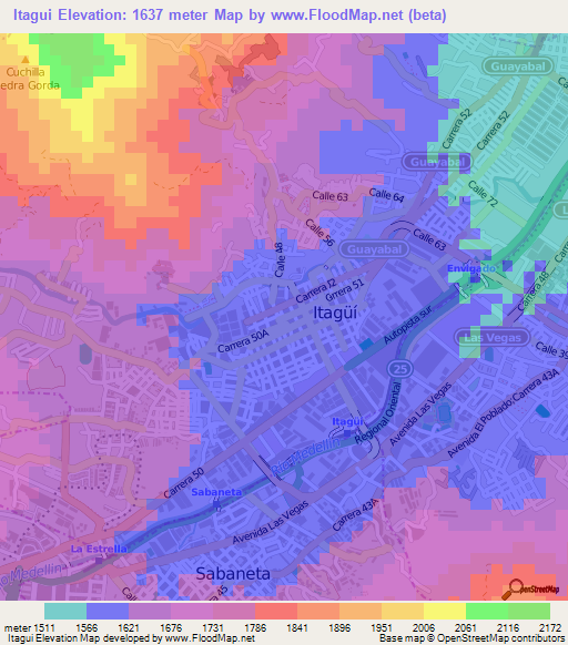 Itagui,Colombia Elevation Map