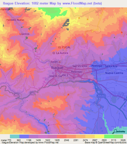 Ibague,Colombia Elevation Map