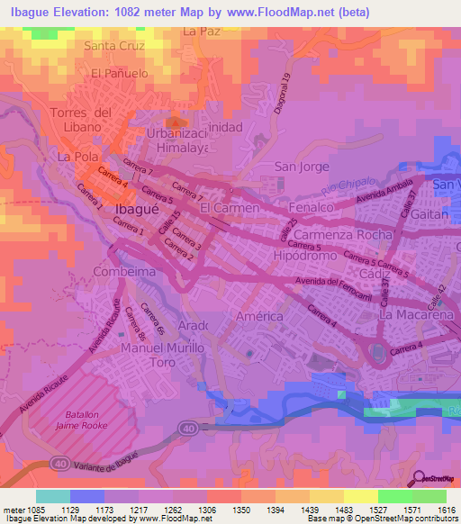 Ibague,Colombia Elevation Map