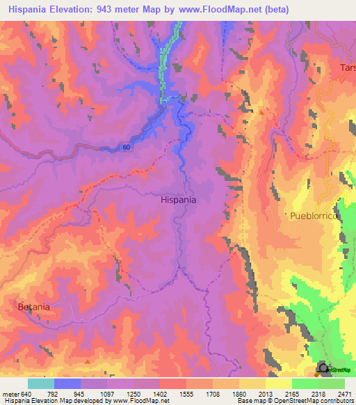 Hispania,Colombia Elevation Map