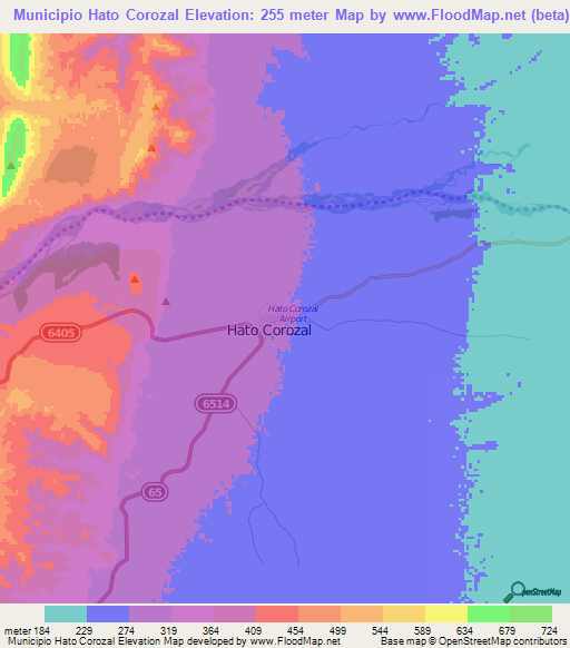 Municipio Hato Corozal,Colombia Elevation Map