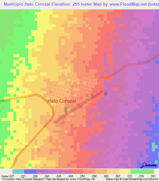 Municipio Hato Corozal,Colombia Elevation Map