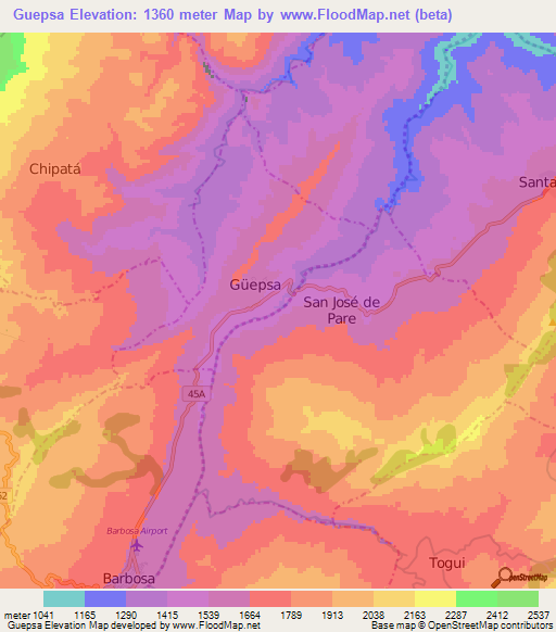 Guepsa,Colombia Elevation Map