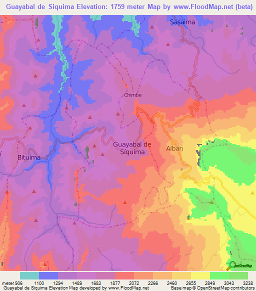 Guayabal de Siquima,Colombia Elevation Map