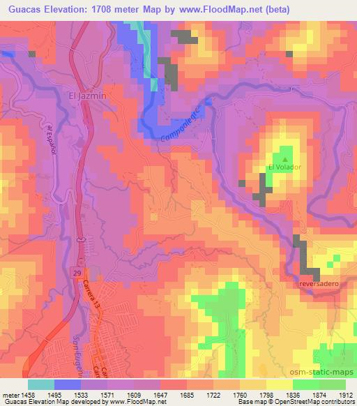 Guacas,Colombia Elevation Map