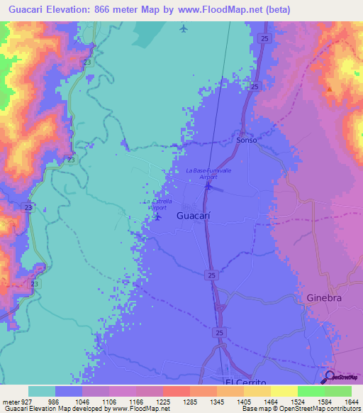 Guacari,Colombia Elevation Map