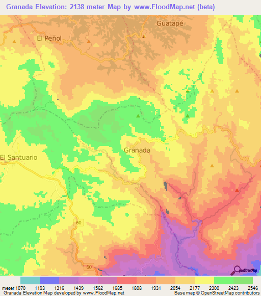 Granada,Colombia Elevation Map