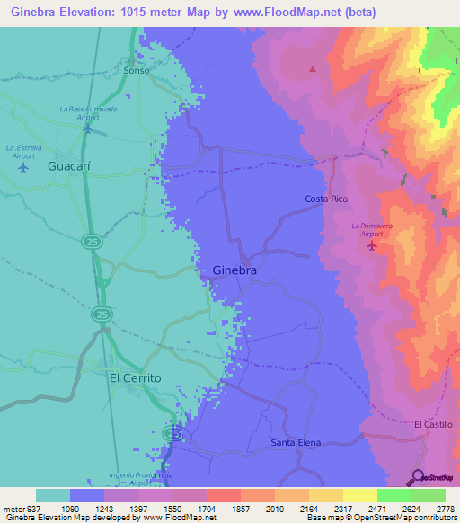 Ginebra,Colombia Elevation Map