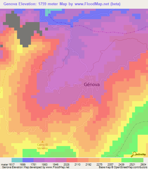 Genova,Colombia Elevation Map