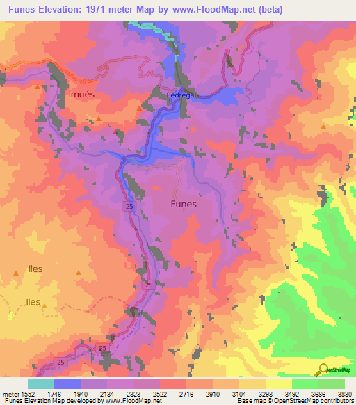 Funes,Colombia Elevation Map