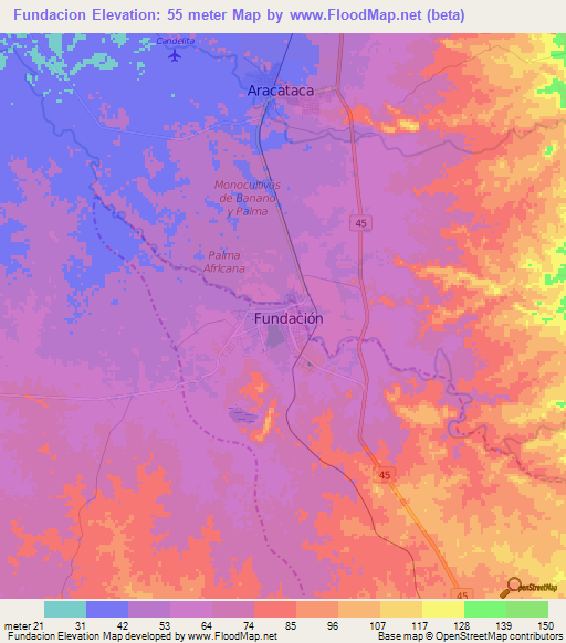 Fundacion,Colombia Elevation Map