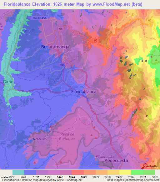 Floridablanca,Colombia Elevation Map