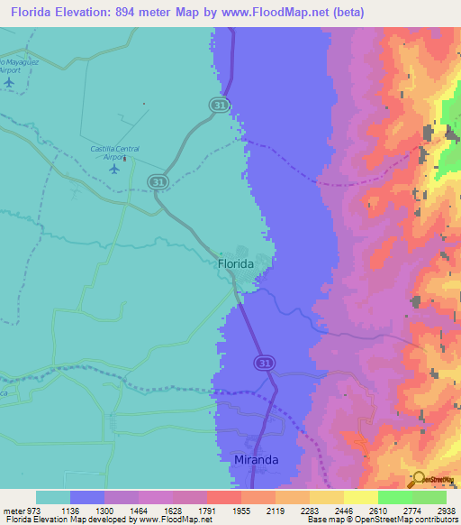 Florida,Colombia Elevation Map