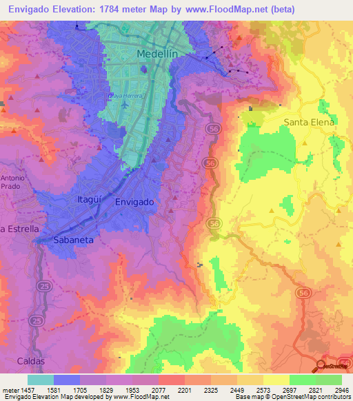 Envigado,Colombia Elevation Map