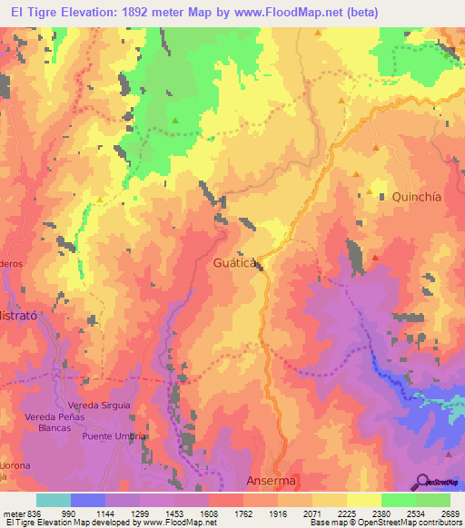 El Tigre,Colombia Elevation Map