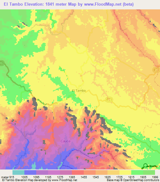 El Tambo,Colombia Elevation Map