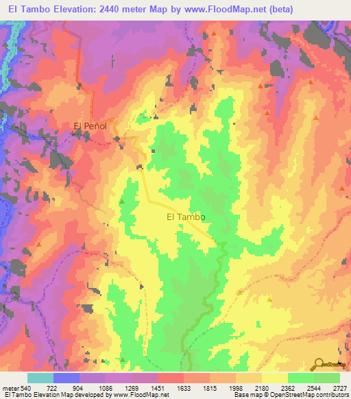 El Tambo,Colombia Elevation Map