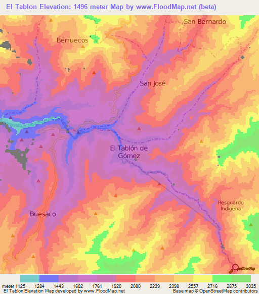 El Tablon,Colombia Elevation Map