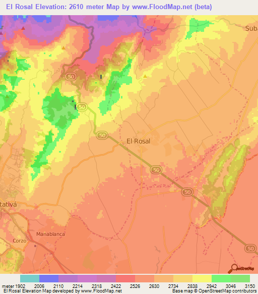 El Rosal,Colombia Elevation Map