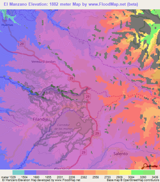 El Manzano,Colombia Elevation Map