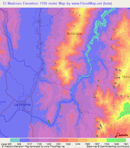 El Madrono,Colombia Elevation Map