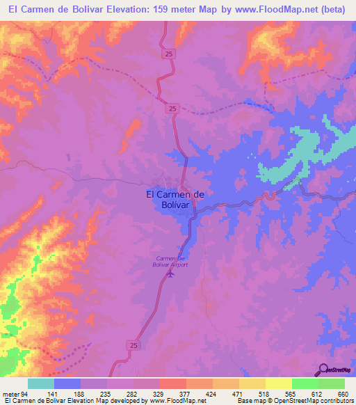 El Carmen de Bolivar,Colombia Elevation Map