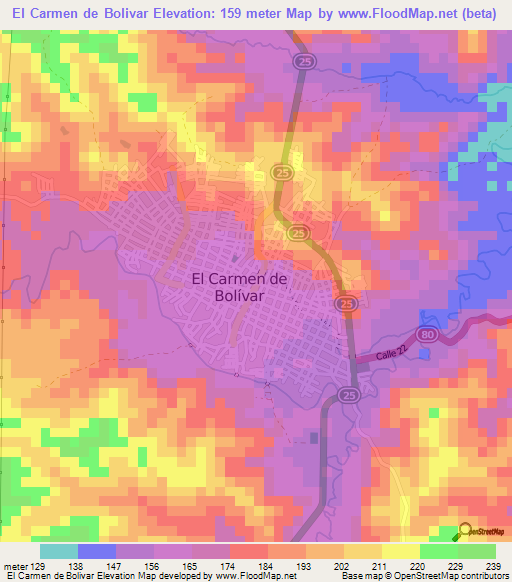 El Carmen de Bolivar,Colombia Elevation Map