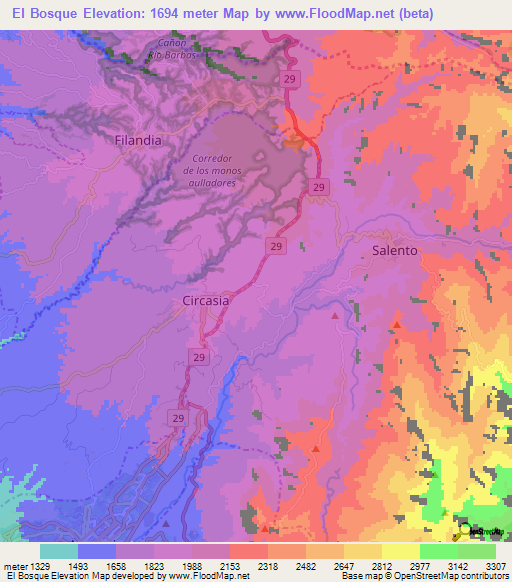 El Bosque,Colombia Elevation Map