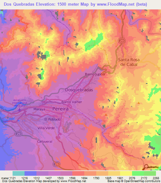 Dos Quebradas,Colombia Elevation Map