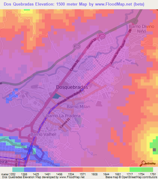 Dos Quebradas,Colombia Elevation Map