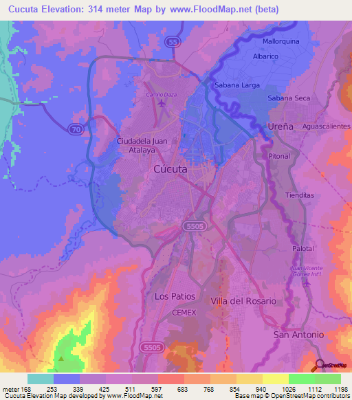 Cucuta,Colombia Elevation Map