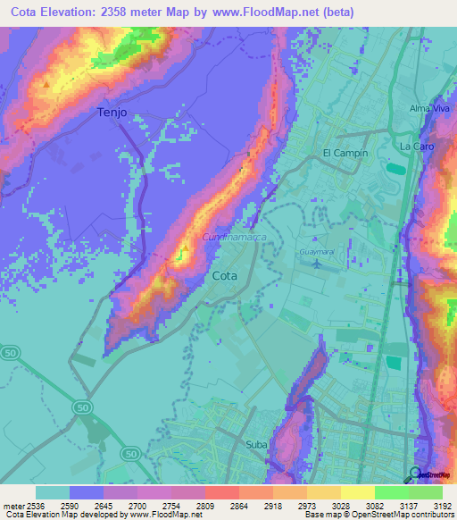 Cota,Colombia Elevation Map