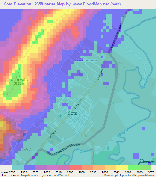 Cota,Colombia Elevation Map