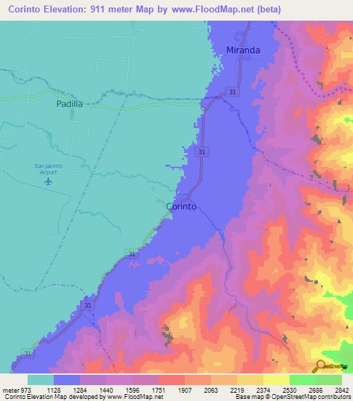 Corinto,Colombia Elevation Map