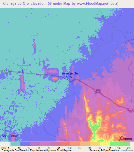 Cienaga de Oro,Colombia Elevation Map