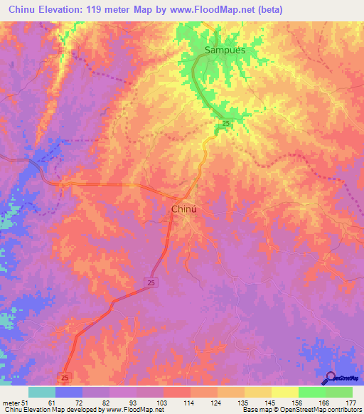 Chinu,Colombia Elevation Map